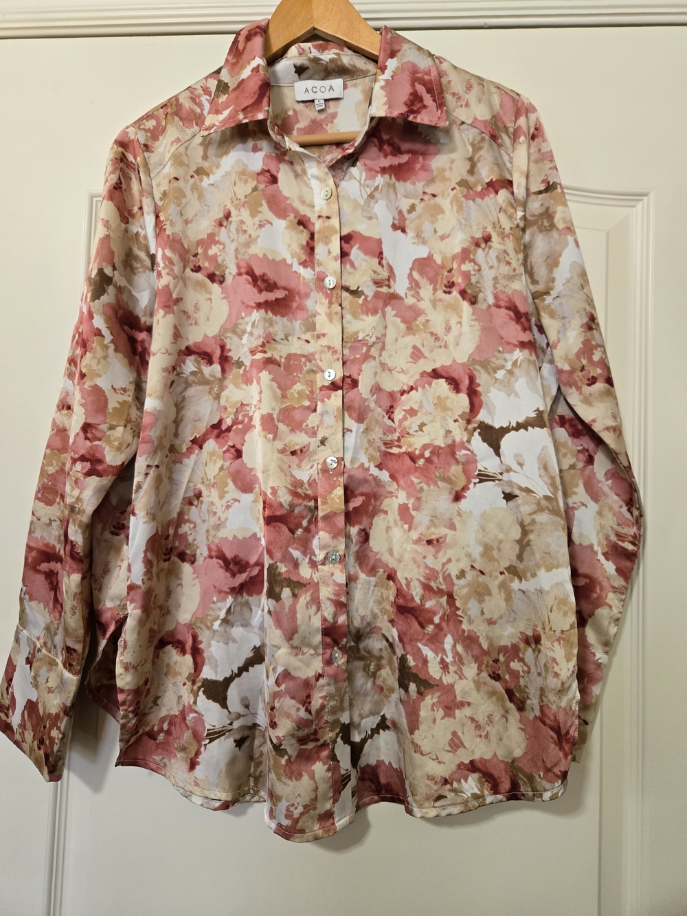 ACOA Women's Pink Floral Button-Down Shirt Soft Silky Feel